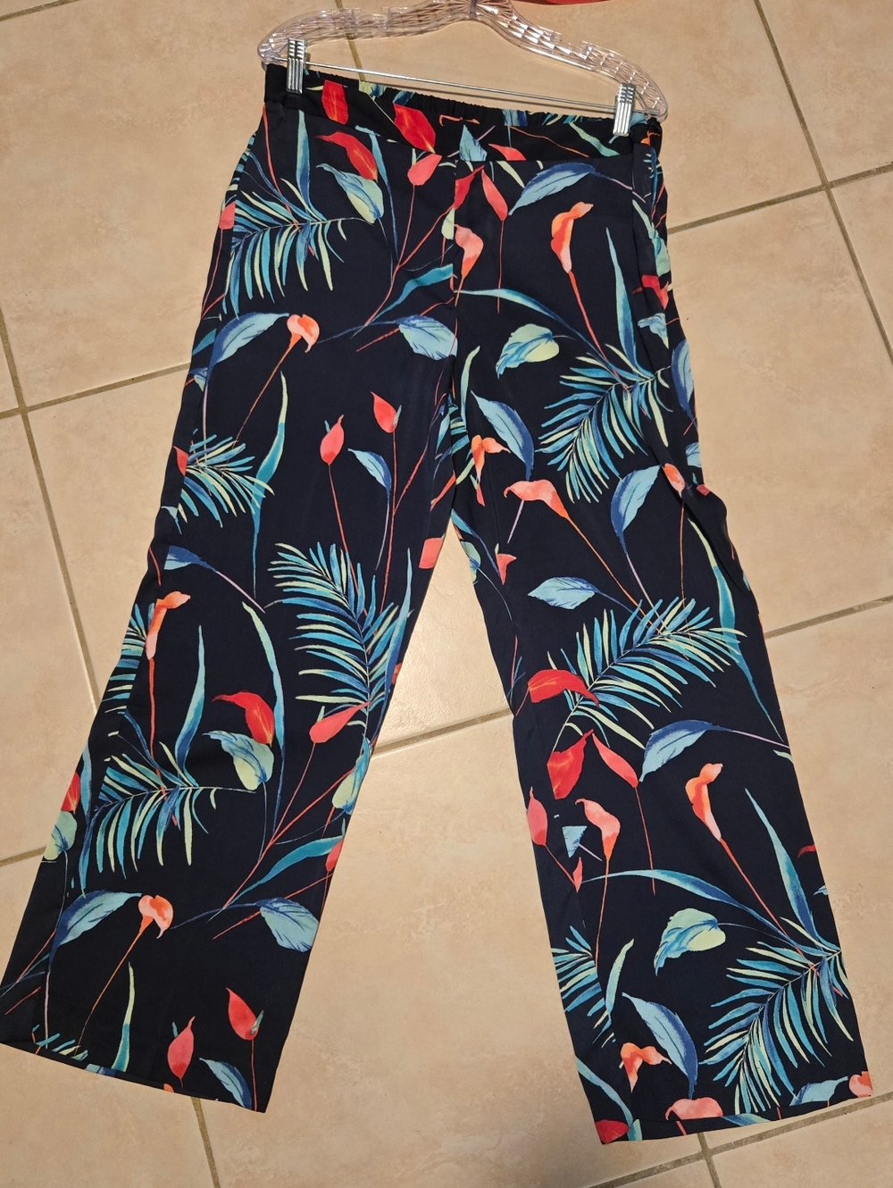 Tropical Print Wide-Leg Pants - Navy with Teal & Coral